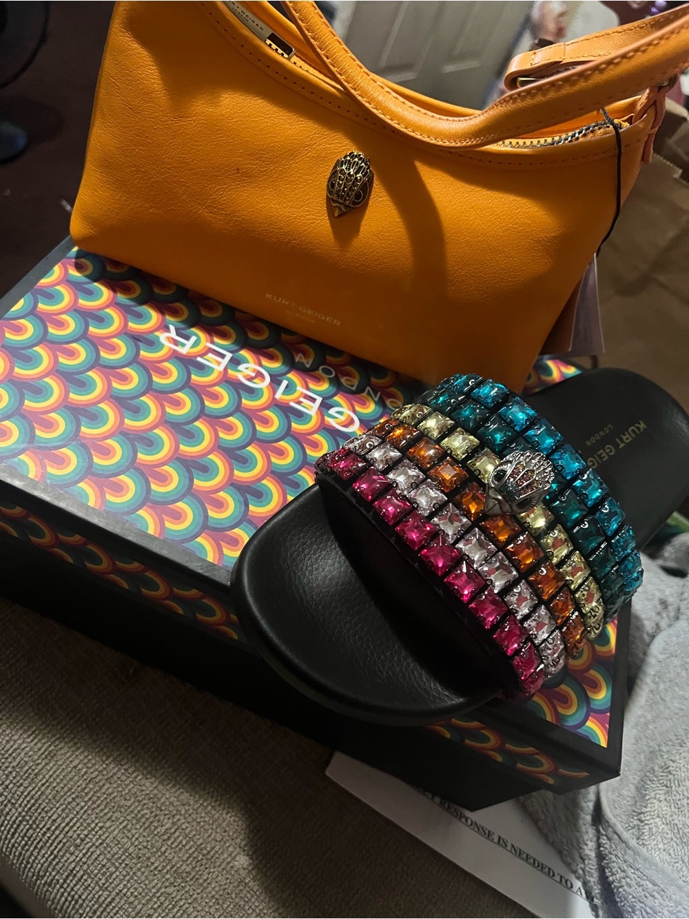 Kurt Geiger Orange Leather Shoulder Bag with Multicolor Jeweled Slide Sandals